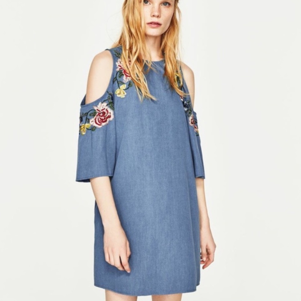 Zara Floral Embroidered Cold Shoulder Dress